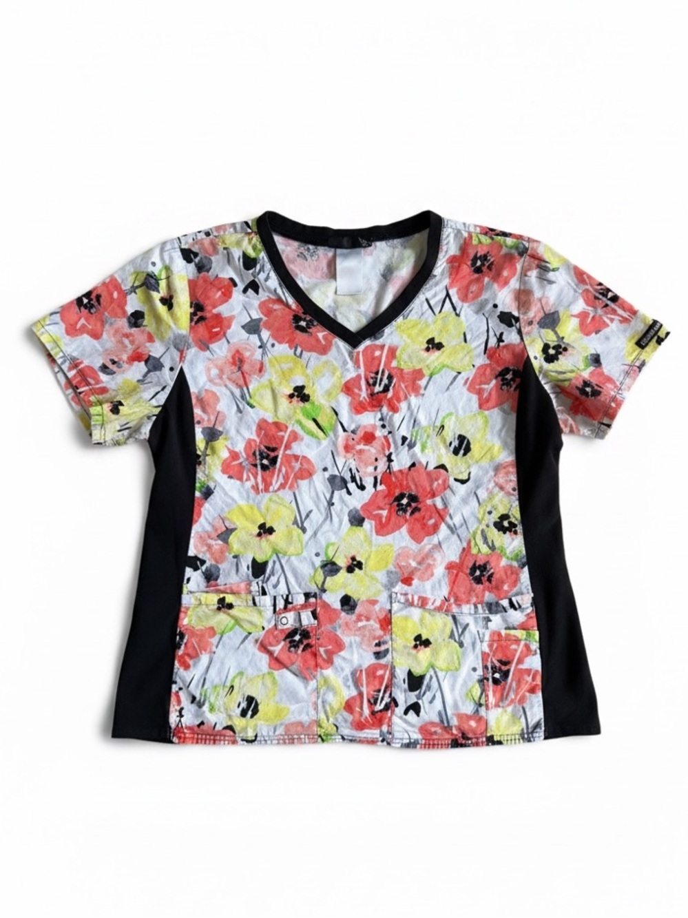 Cherokee Floral Scrub Top Stretch Panels Nurse Medical V Neck XL